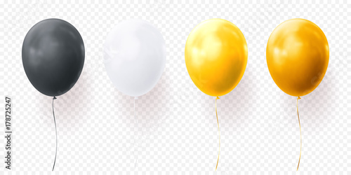Plakat Kolorowi balony wektorowi na przejrzystym tle. Błyszczący realistyczne żółty, czarny i biały błyszczący balony dla ilustracji Birthday party lub element projektu karty z pozdrowieniami
