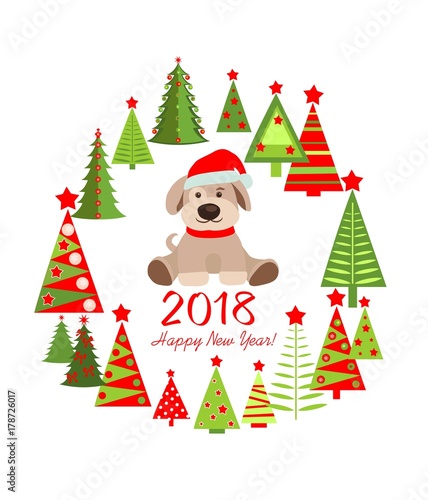 Funny childish red and green applique with paper cutting fir wreath and puppy for 2018 New year