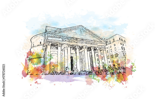 Photography Watercolor sketch with color splash of Pantheon Rome, Italy in vector illustration