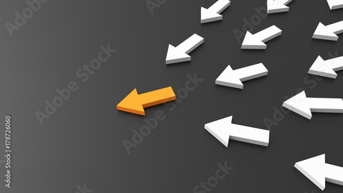 Leadership  success  and teamwork concept  orange leader arrow leading white arrows  on black background. 3D Rendering.