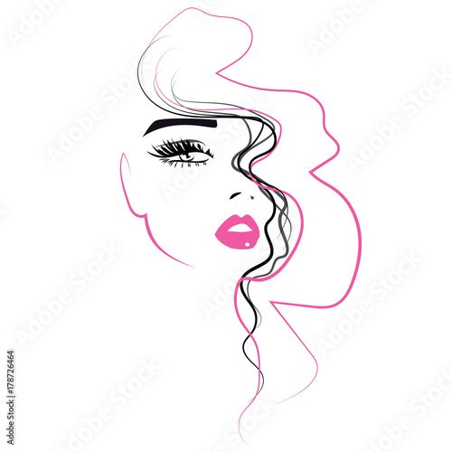 Woman hair and beauty icon. Vector illustration. Pink lips, long eyelashes
