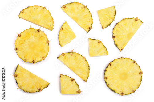 Sliced pineapple isolated on white background. Top view. Flat lay pattern