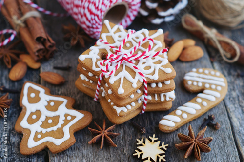 Christmas gingerbread cookies on a wooden table