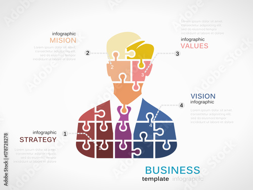 Businessman infographic template with business man avatar made out of jigsaw pieces