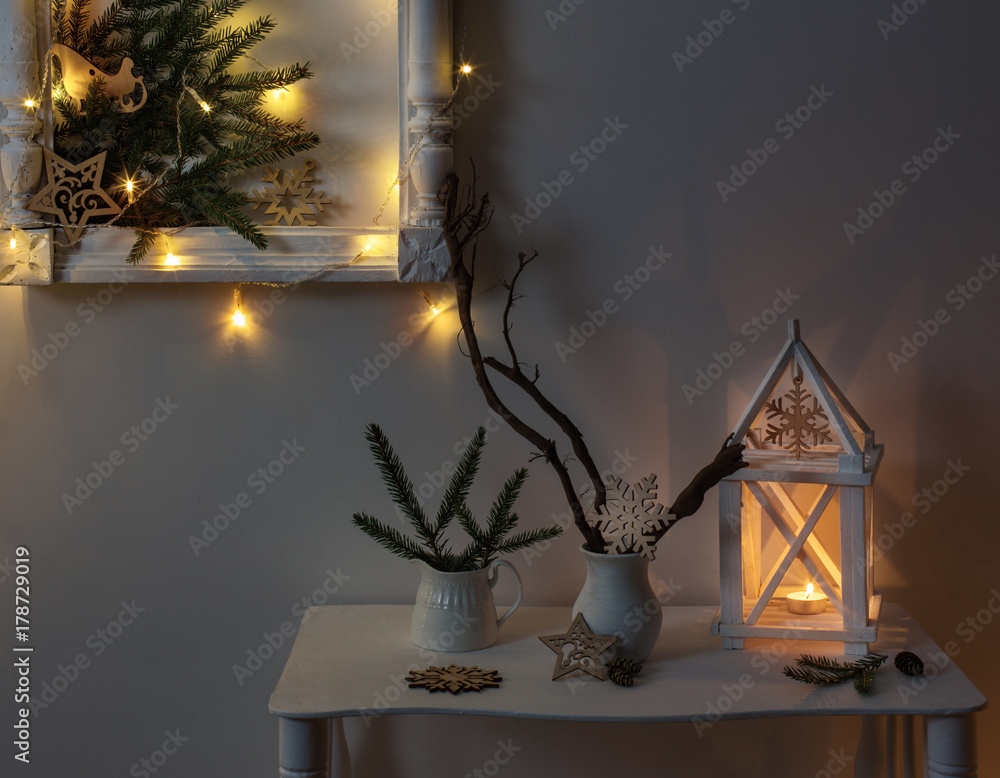 Fototapeta premium Christmas decoration on background white wall