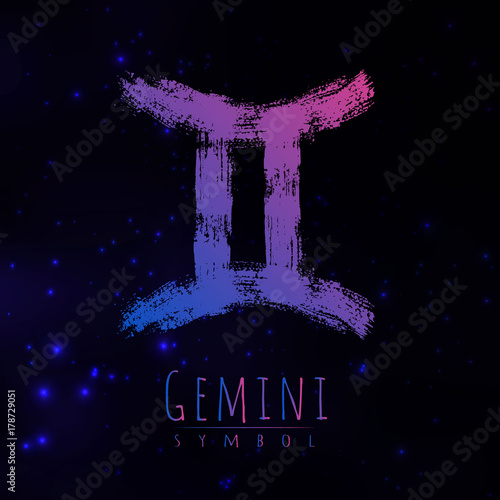 Vector abstract zodiac sign Gemini on a dark cosmic background of the space with shining stars. Nebula in form of zodiac sign Gemini . Abstract brush stroke sign. Bright modern gradient symbol. Logo