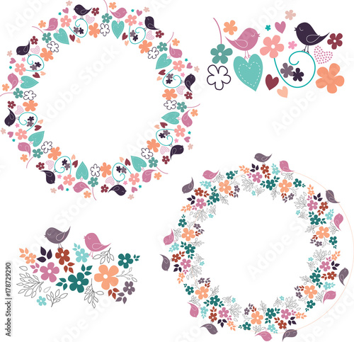 Colorful vector floral wreath collection. Brush elements included. Bright colors flowers and leaves with cute little birds. Suitable for greeting cards, wedding invitations, websites.