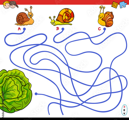 cartoon paths maze game with snails and lettuce