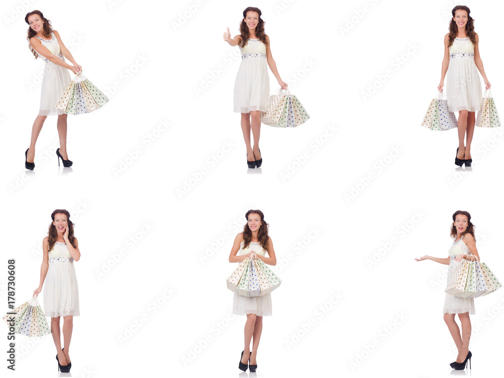 Set of woman with shopping bags on white Set of woman with shopping bags on white