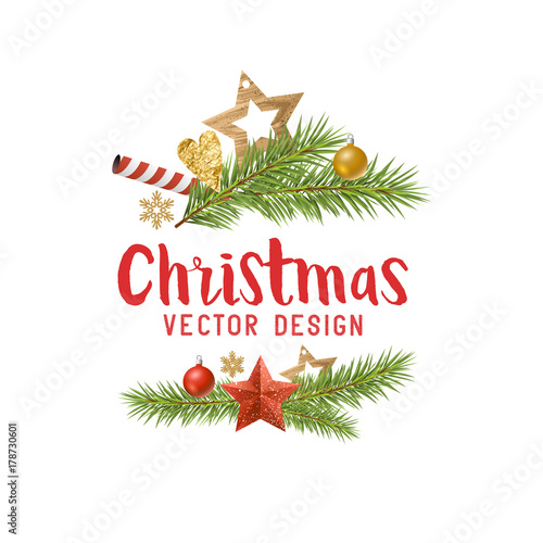 Christmas decorations composition with fir tree branches, wooden stars and baubles. Vector illustration