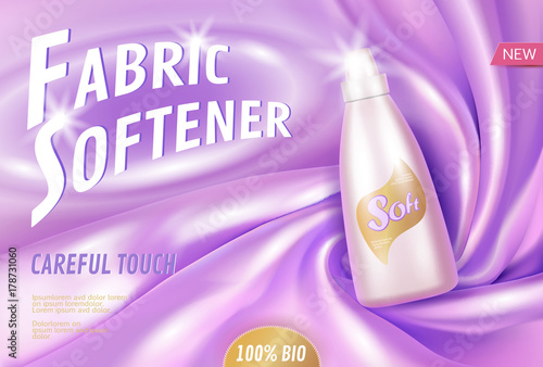 poster Laundry clothes household Fabric ad realistic Clean violet template. plastic Adobe organic silk Vector | Delicate 3d illustration bottle glowing Stock mockup. Stock promotional product. softener vector purple chemical