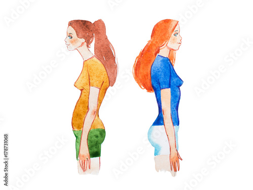 Watercolor illustration of people with right and wrong posture. Woman with normal healthy spine and abnormal sick spine in comparison.