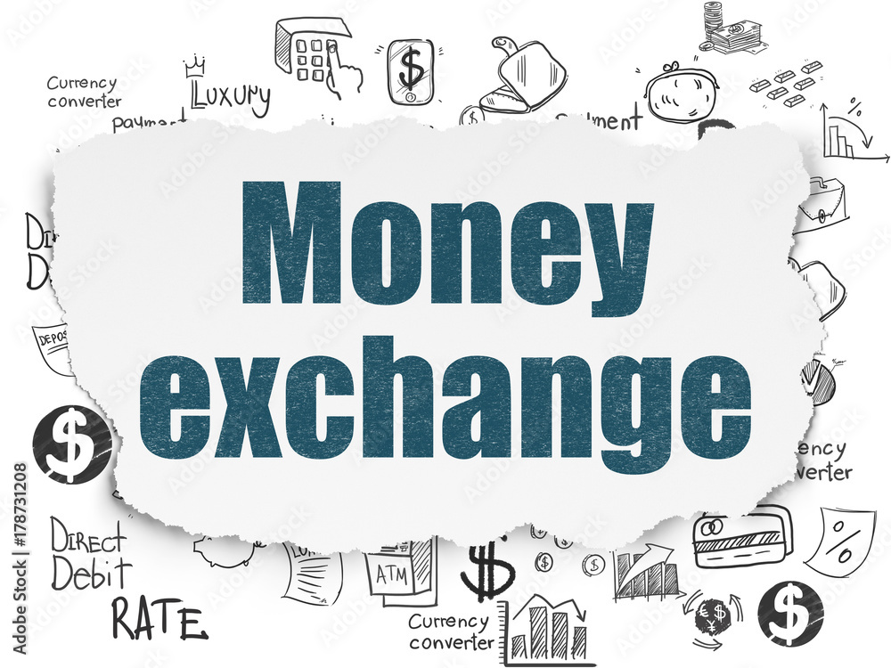 Banking concept: Painted blue text Money Exchange on Torn Paper background with Hand Drawn Finance Icons Banking concept: Painted blue text Money Exchange on Torn Paper background with Hand Drawn Finance Icons