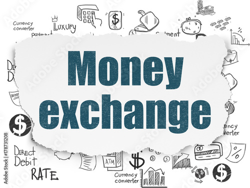 Banking concept: Painted blue text Money Exchange on Torn Paper background with Hand Drawn Finance Icons