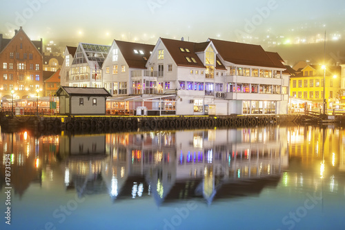 Waterfront in Bergen, Norway on a foggy evening