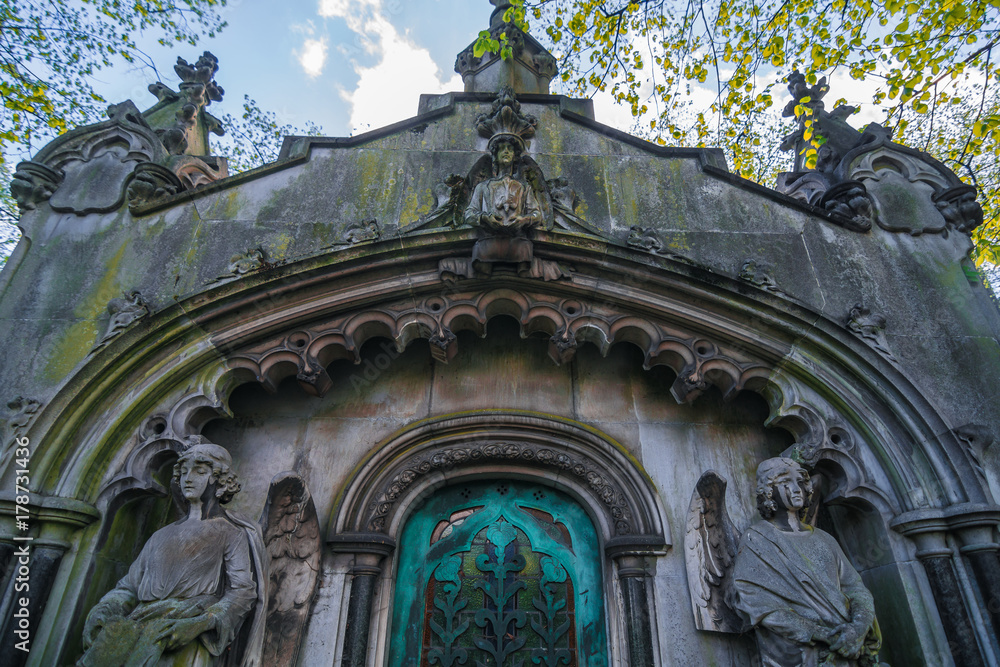 Entrance to a mausoleum in a cemetery