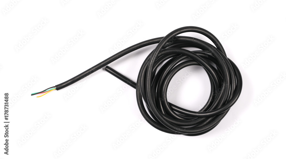 Black damaged, cut cable isolated on white background Black damaged, cut cable isolated on white background