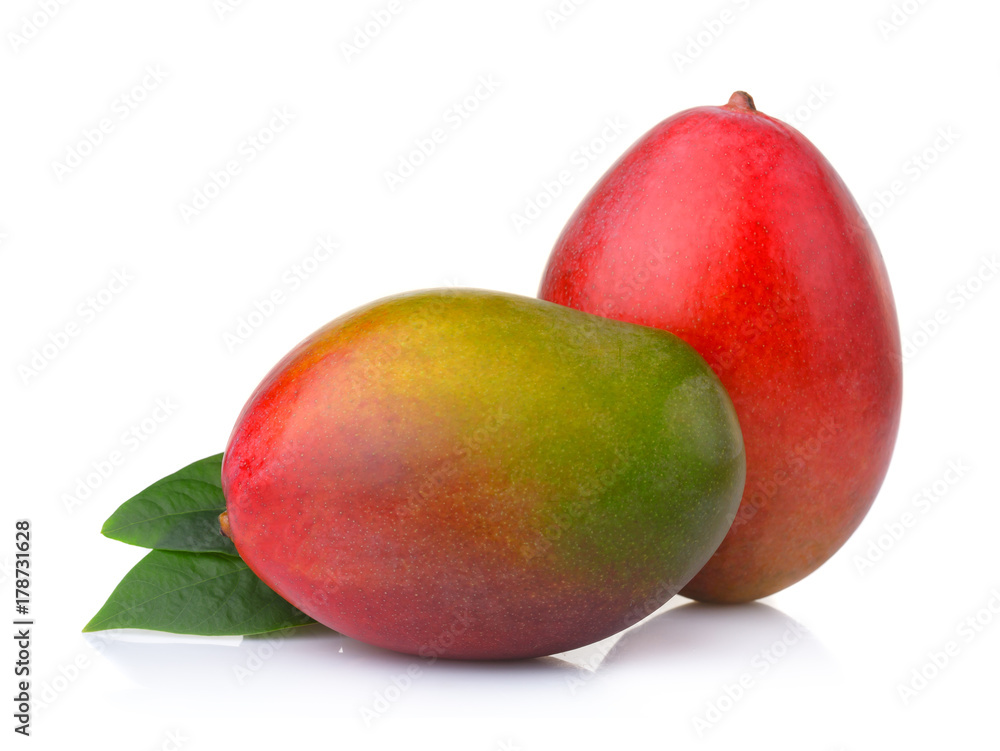 Ripe mango fruits with leaves isolated on white background Ripe mango fruits with leaves isolated on white background