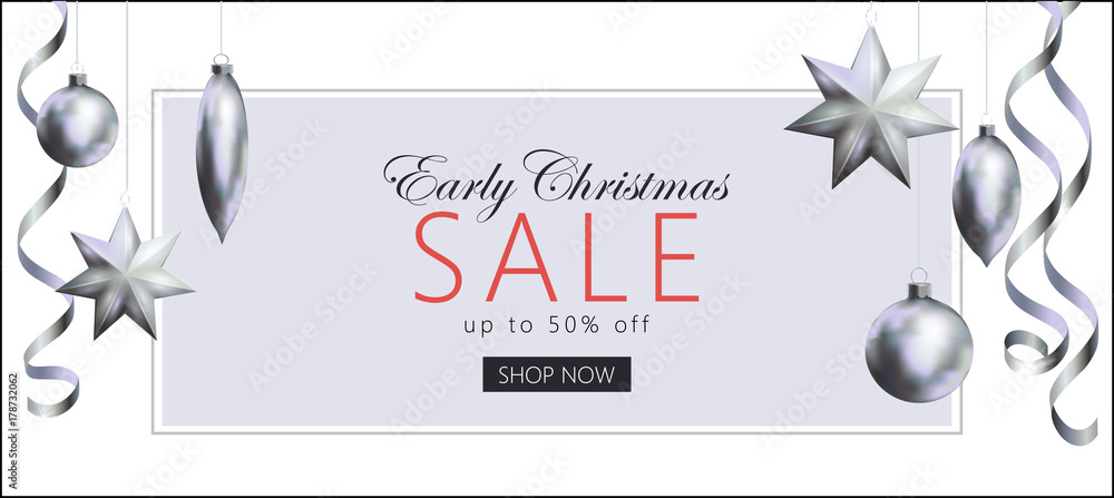 Fototapeta Early Christmas sale 3d realistic banner template. Gray white business style design silver metallic tree toys streamer serpentine. Horizontal orientation special offer flyer vector illustration