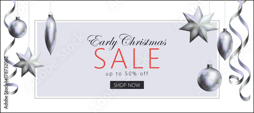 Early Christmas sale 3d realistic banner template. Gray white business style design silver metallic tree toys streamer serpentine. Horizontal orientation special offer flyer vector illustration