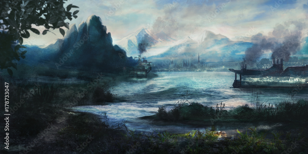 Naklejka premium Painting of an idyllic landscape with an imaginary city