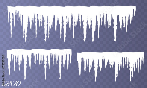 Set of snow icicles isolated on transparent background. Vector illustration