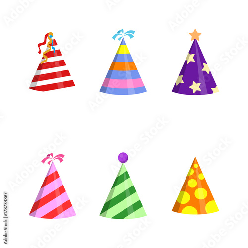 Party hat cone with white circles collection. Accessory of the holiday.