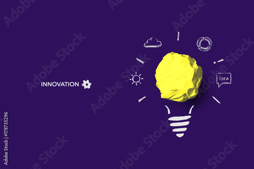 New creative idea. Art concept of idea and innovation with realistic paper bulb and sketch.