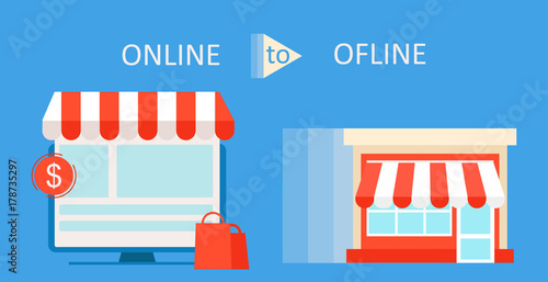 Online To Offline Commerce Definition banner. Shop on site and shop in real life. Involve Seo Users