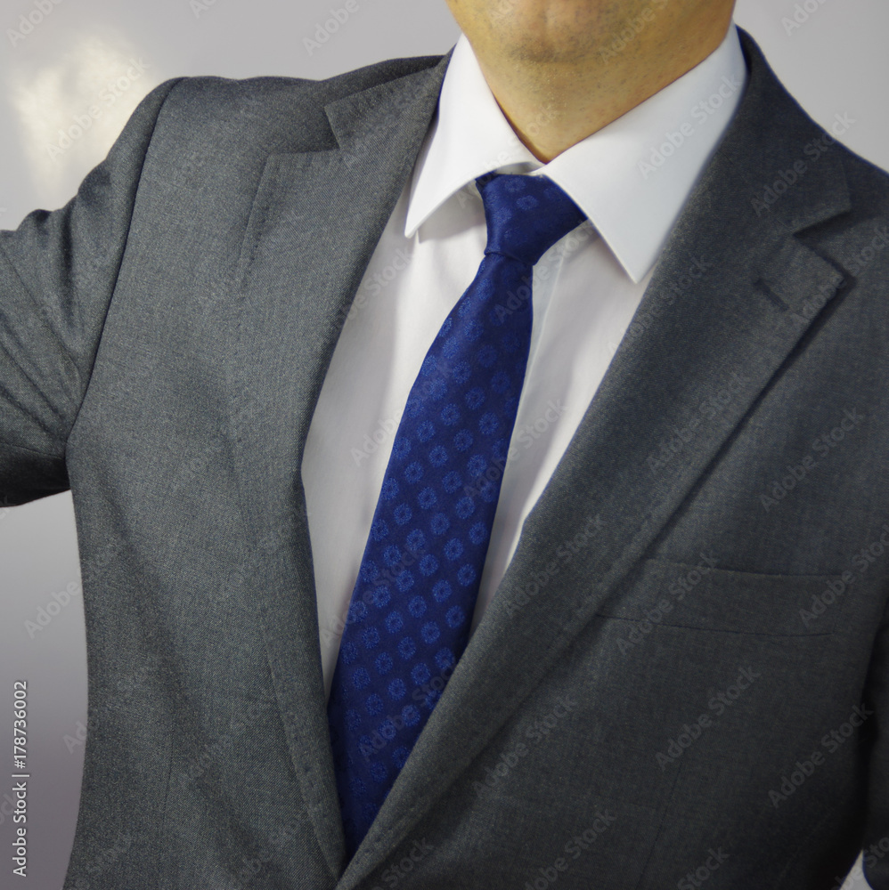Corporate man in white shirt, gray jacket and blue tie.