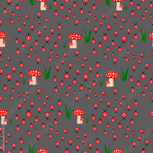 Seamless pattern with toxic amanita mushrooms and ladybugs. Fly-agaric background.
