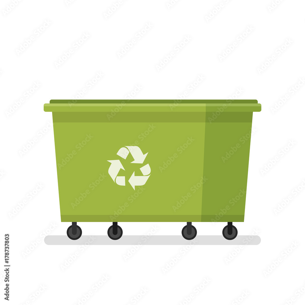 Dumpster. Large garbage can. Utility services. Green trash. Container for  collecting garbage in a flat cartoon style. Vector illustration isolated on  white background. Stock Vector