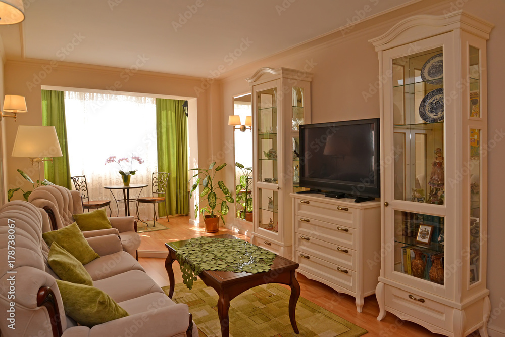Fototapeta premium Modern classical drawing room with white furniture