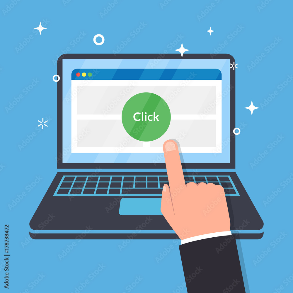The user clicks on the laptop screen. Concept of clicking on the website interface. Vector flat illustration isolated on blue background. The user clicks on the laptop screen. Concept of clicking on the website interface. Vector flat illustration isolated on blue background.