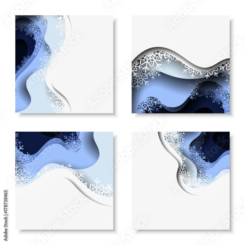 Square banners with 3D abstract background with paper cut shapes. Vector design layout