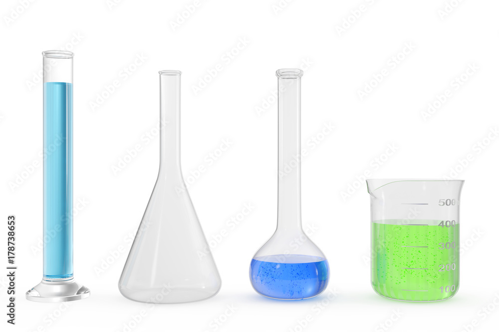 Chemistry flasks with colored liquid on white background background