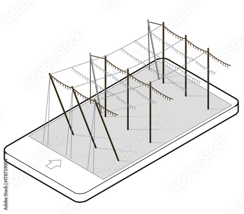 Hopgarden landscape in spring, isometric in outlined mobile phone. Agriculture landscape, husbandry industry in communication technologies. Construction of beams, wires for growing hops on farm field.