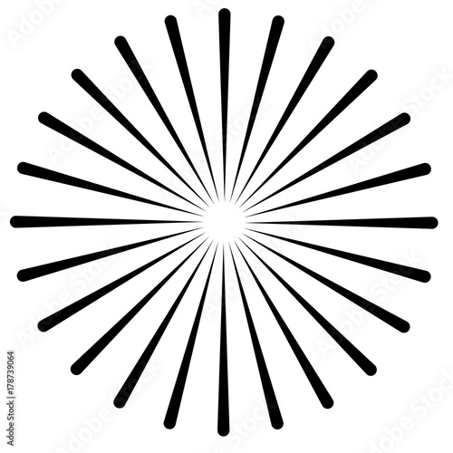 Rays, beams element. Sunburst, starburst shape on white. Radiating, radial, merging lines. Abstract circular geometric shape.