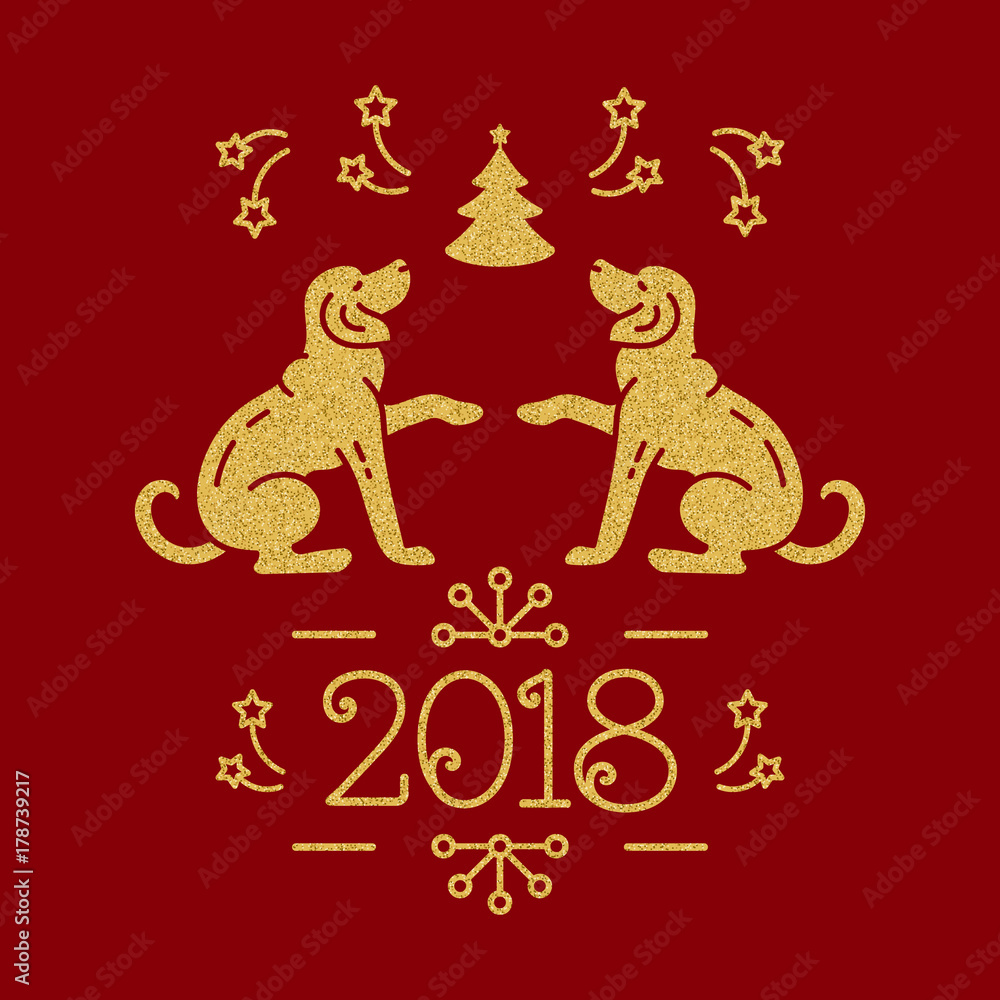 Dog Christmas, Year of the Dog 2018 Chinese Zodiac. Yellow golden dogs, snowflakes, christmas tree, fireworks on a red background. Vector New Year Card Dog Christmas, Year of the Dog 2018 Chinese Zodiac. Yellow golden dogs, snowflakes, christmas tree, fireworks on a red background. Vector New Year Card
