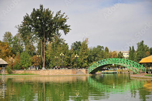 City park with a green metal bridge