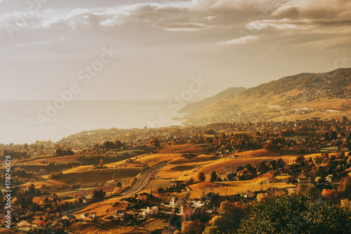 Amazing autumn landscape of Lavaux vineyards, swiss riviera, Lausanne area, canton of Vaud, Switzerland