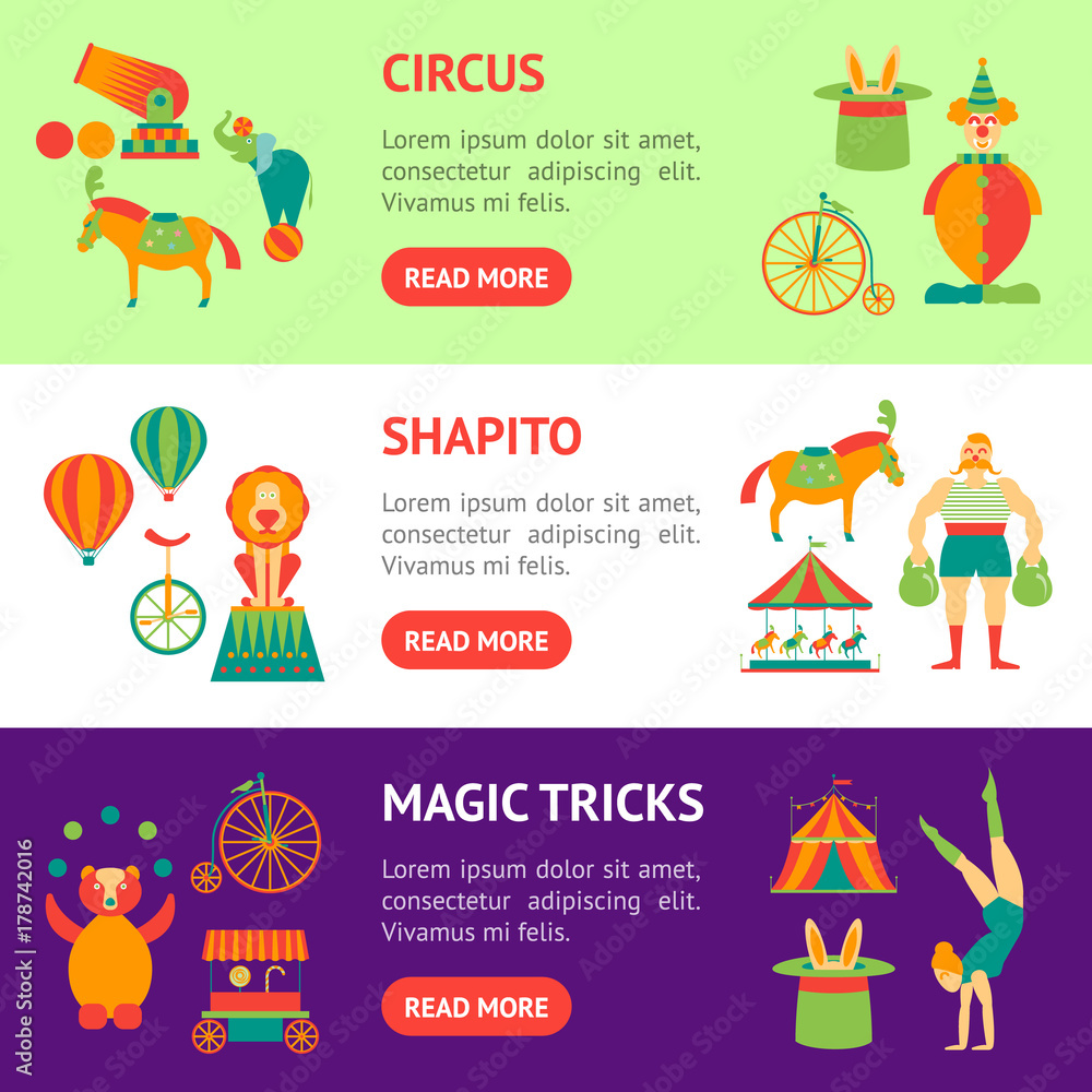 Cartoon Circus Banner Horizontal Set. Vector Cartoon Circus Banner Horizontal Set. Vector