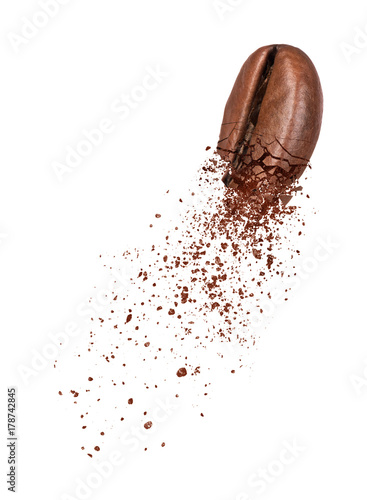 Photography Coffee beans break into powder close-up on white background