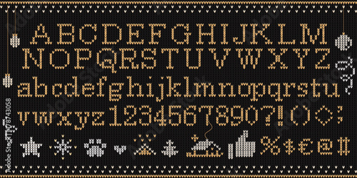 Christmas knitted font. Knitted golden alphabet on seamless black background. Modern holiday vector illustration. 
