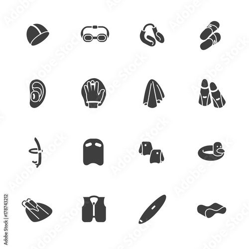 Icons of accessories for swimming and water sports in glyph style / There are swimming clothes, accessories and surfing board

