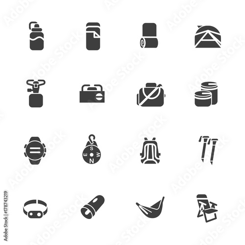 Devices for tourist sport as glyph icons / Individual devices, tent and bags for tourism
