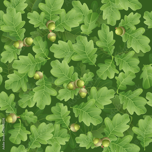 Seamless pattern of spring green oak leaves with green acorns / Non-direction organic pattern for texturing
