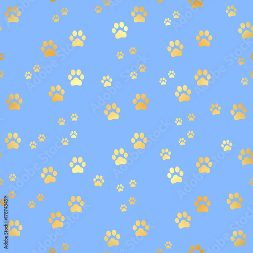 Gold Paw print seamless pattern. Seamless pattern of animal gold footprints. Dog paw print seamless pattern on gold background
