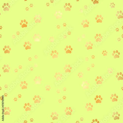 Gold Paw print seamless pattern. Seamless pattern of animal gold footprints. Dog paw print seamless pattern on gold background