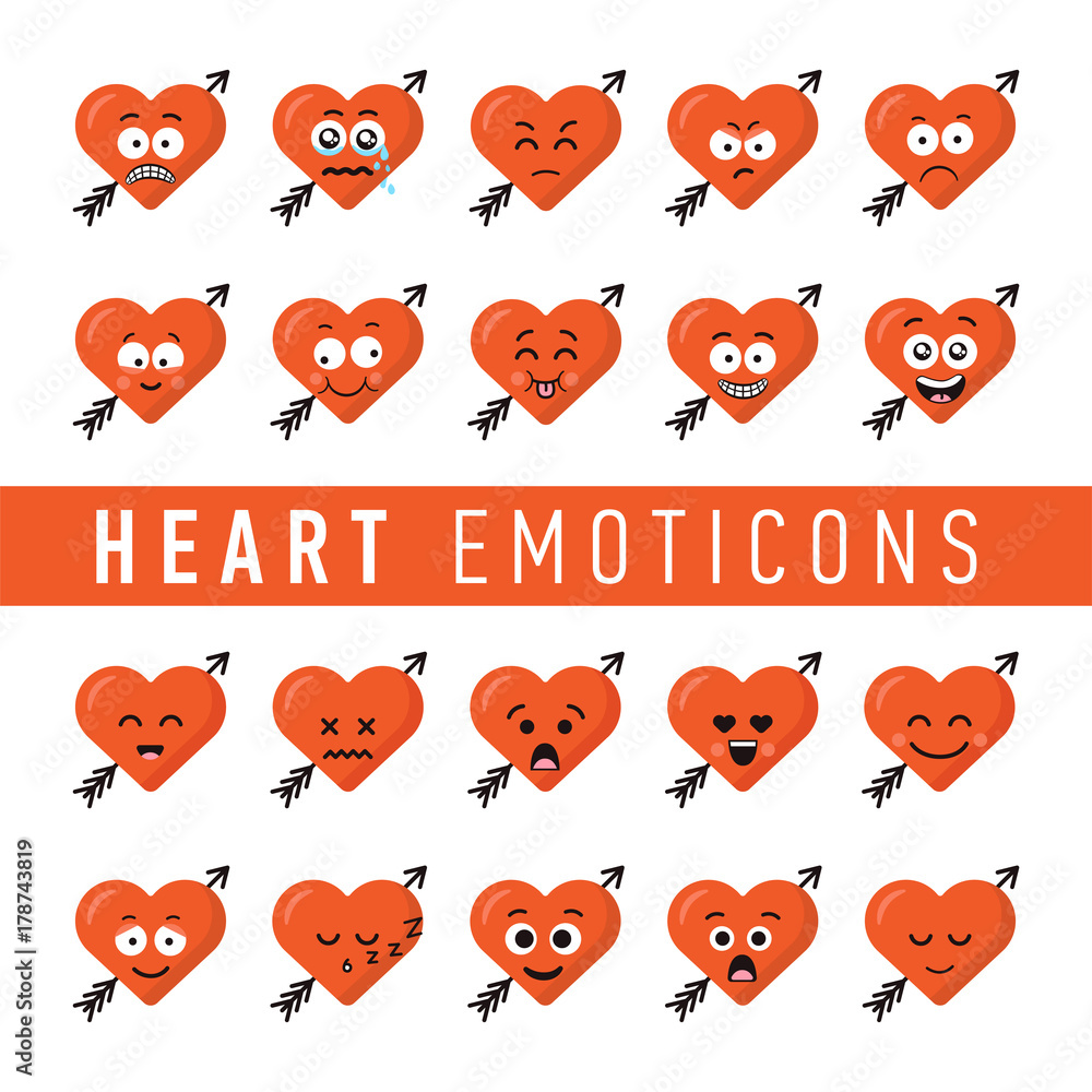 Set of flat design style heart emoticons. Valentines day hearts emoticon icon set. Set of flat design style heart emoticons. Valentines day hearts emoticon icon set.